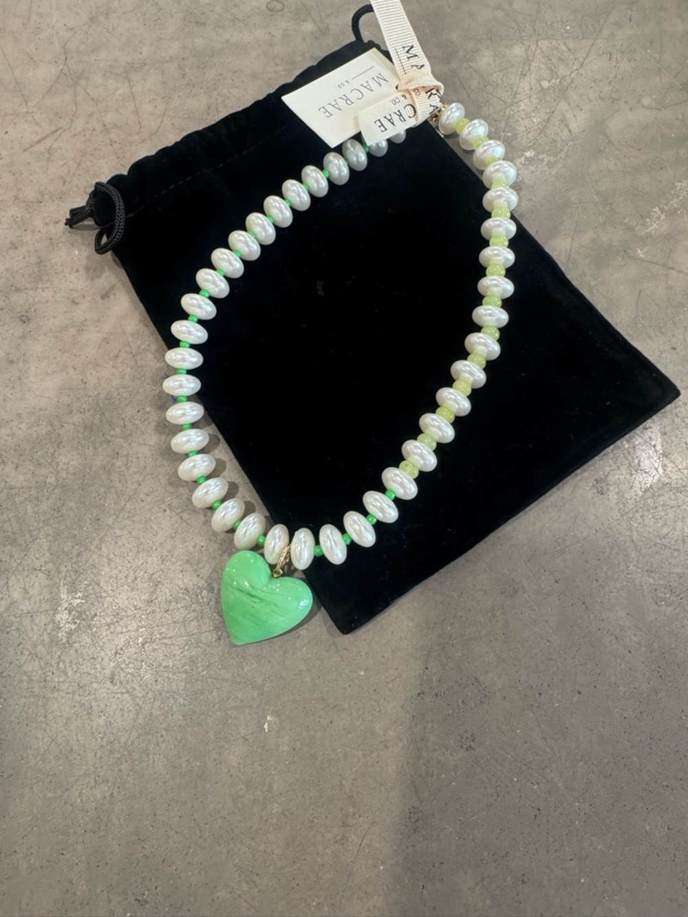 Macrae Pearl Bead Necklace with Green Heart Pendant- adjustable length💚